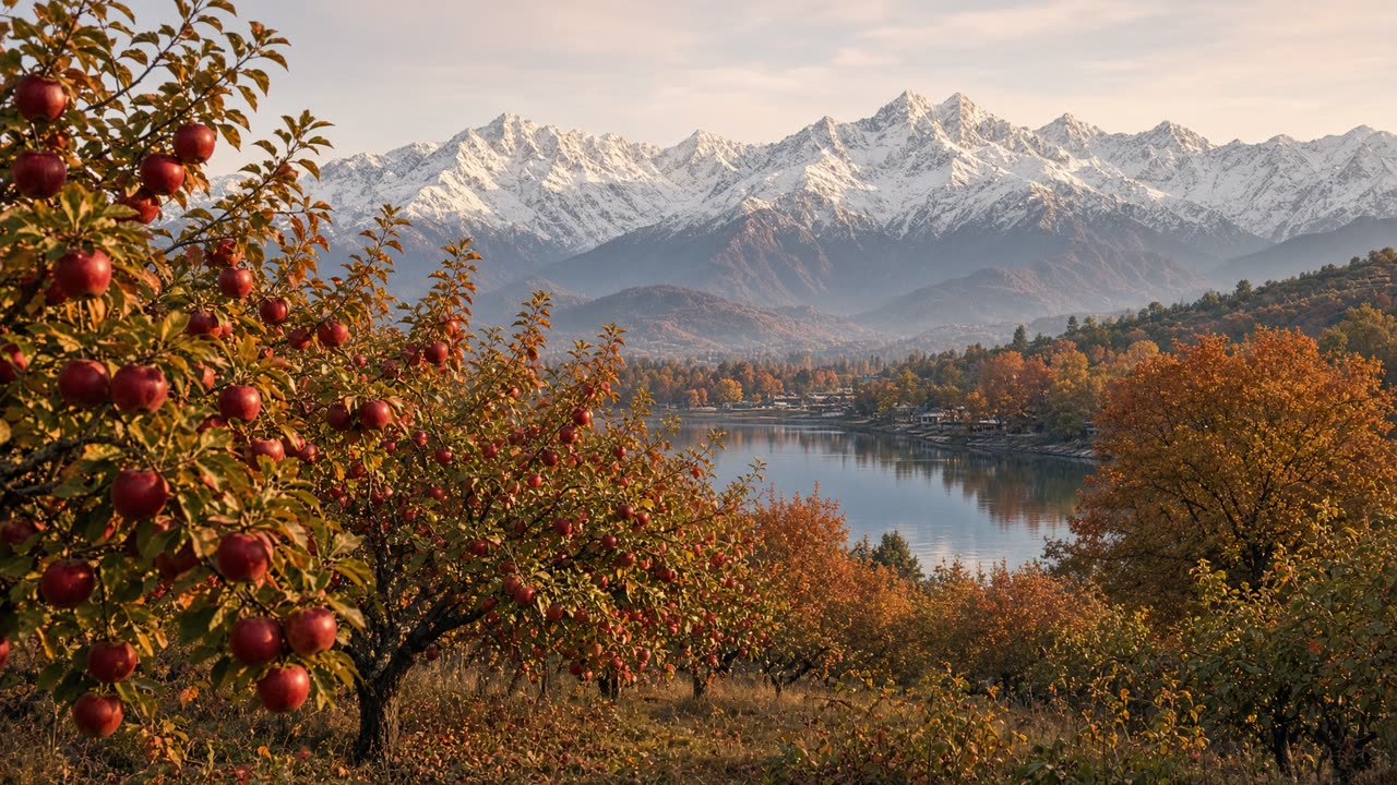Kashmir apple orchard with Himalayan peaks