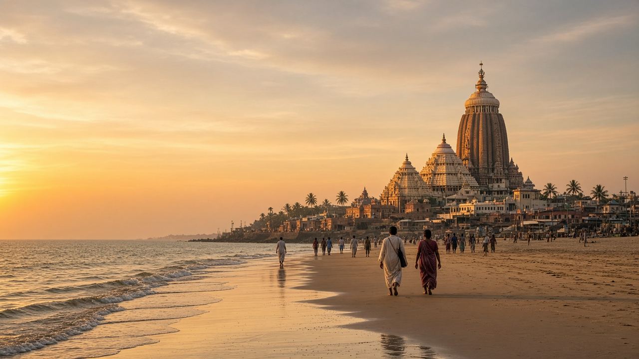 Puri temple and Bay of Bengal at golden hour