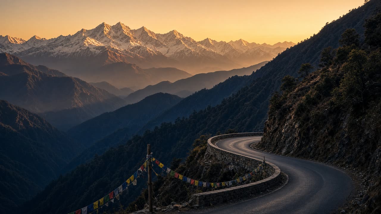 Winding Himalayan Silk Route road at golden hour